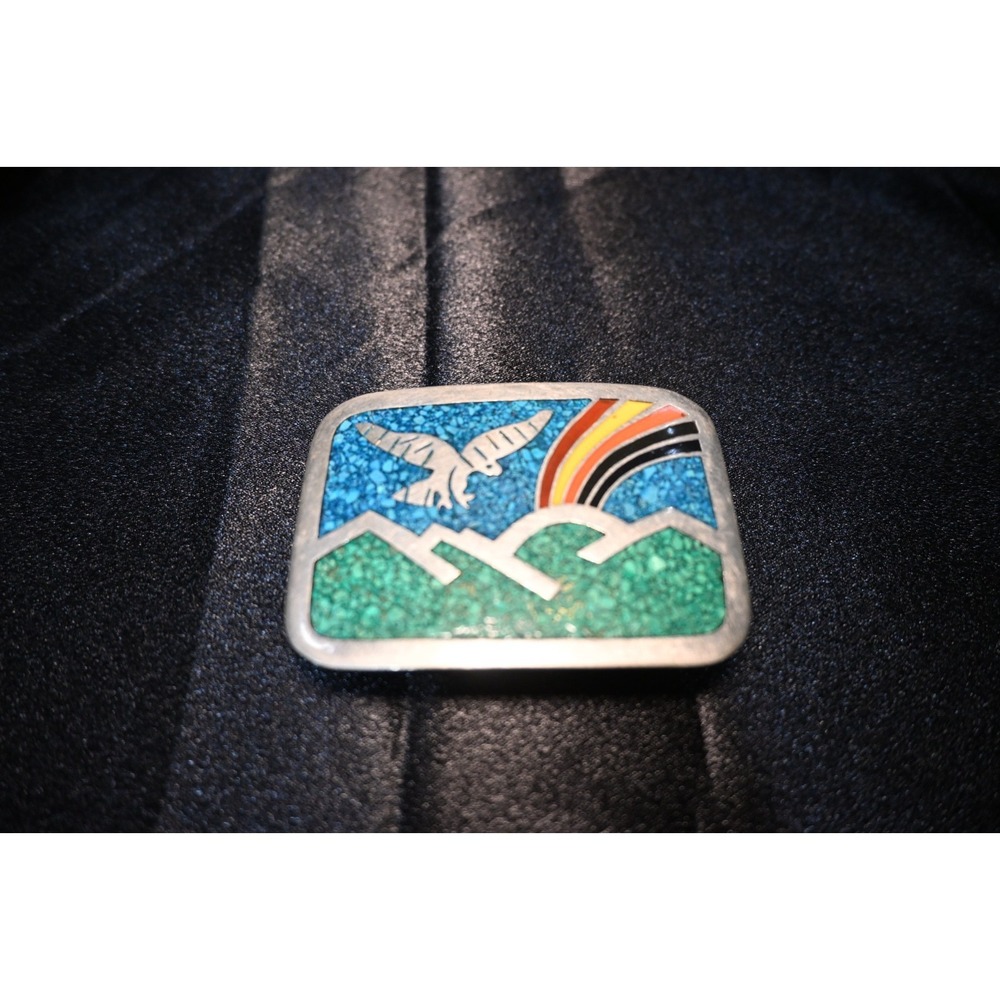 Vintage Inlay Belt Buckle Eagle Mountain Turquoise Style Southwestern